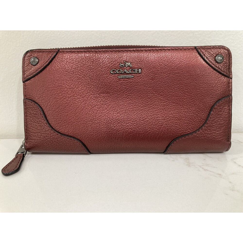 Coach Wallet Mickie Accordion Metallic Cherry Burgundy Red Leather Zip Rare